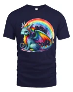 Cute Rainbow Dragon Fantasy Art Colorful Graphic T-Shirt - navy t-shirt on white background