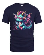 Cute Music Dragon with Headphones Fun Art T-Shirt - navy t-shirt on white background