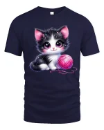 Cute Black and White Kitten with Pink Yarn Art T-Shirt - navy t-shirt on white background