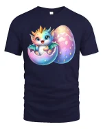 Cute Baby Dragon Hatching from Egg Fantasy Art T-Shirt - navy t-shirt on white background