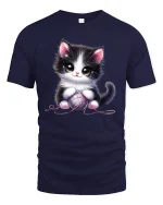 Cute Black and White Kitten with Yarn Ball Art T-Shirt - navy t-shirt on white background