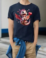 Cute Valentine Dragon with Heart Gift Love Art T-Shirt - model wearing Navy T-shirt, hands in pockets, denim shirt at waist