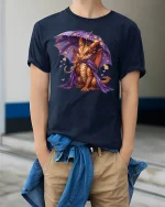 Cute Little Dragon with Purple Umbrella Art T-Shirt - model wearing Navy T-shirt, hands in pockets, denim shirt at waist