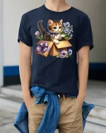 Cute Kitten in Gift Box Floral Art Kawaii T-Shirt - model wearing Navy T-shirt, hands in pockets, denim shirt at waist