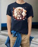 Cute Smiling Kitten and Butterflies Graphic T-Shirt - model wearing Navy T-shirt, hands in pockets, denim shirt at waist