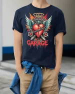 Garage Heart Engine Wings Mechanic Art Graphic T-Shirt - model wearing Navy T-shirt, hands in pockets, denim shirt at waist