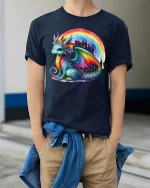 Cute Rainbow Dragon Fantasy Art Colorful Graphic T-Shirt - model wearing Navy T-shirt, hands in pockets, denim shirt at waist