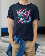 Cute Music Dragon with Headphones Fun Art T-Shirt - model wearing Navy T-shirt, hands in pockets, denim shirt at waist