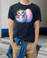 Cute Baby Dragon Hatching from Egg Fantasy Art T-Shirt - model wearing Navy T-shirt, hands in pockets, denim shirt at waist