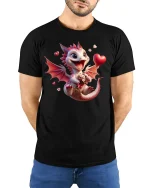 Cute Valentine Dragon with Heart Gift Love Art T-Shirt - model with hands behind back, wearing Black T-shirt and blue jeans