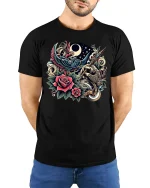 Vintage Tattoo Art Phoenix Rose and Moon Graphic T-Shirt - model with hands behind back, wearing Black T-shirt and blue jeans