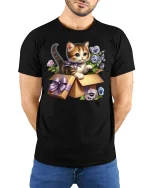Cute Kitten in Gift Box Floral Art Kawaii T-Shirt - model with hands behind back, wearing Black T-shirt and blue jeans