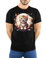 Cute Smiling Kitten and Butterflies Graphic T-Shirt - model with hands behind back, wearing Black T-shirt and blue jeans
