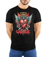 Garage Heart Engine Wings Mechanic Art Graphic T-Shirt - model with hands behind back, wearing Black T-shirt and blue jeans