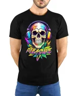Neon Skull Headphones Pleasure Graphic Art T-Shirt - model with hands behind back, wearing Black T-shirt and blue jeans
