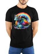 Cute Rainbow Dragon Fantasy Art Colorful Graphic T-Shirt - model with hands behind back, wearing Black T-shirt and blue jeans