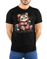 Cute Knitting Cat Rainbow Yarn Art Funny Graphic T-Shirt - model with hands behind back, wearing Black T-shirt and blue jeans