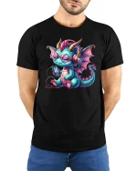 Cute Music Dragon with Headphones Fun Art T-Shirt - model with hands behind back, wearing Black T-shirt and blue jeans