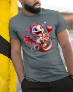 Cute Valentine Dragon with Heart Gift Love Art T-Shirt - model leaning on yellow-black pole, wearing Gray T-shirt, hand in pocket