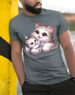 Cute Mom and Baby Cat Hugging Love Art Graphic T-Shirt - model leaning on yellow-black pole, wearing Gray T-shirt, hand in pocket