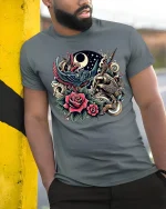 Vintage Tattoo Art Phoenix Rose and Moon Graphic T-Shirt - model leaning on yellow-black pole, wearing Gray T-shirt, hand in pocket