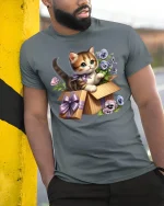 Cute Kitten in Gift Box Floral Art Kawaii T-Shirt - model leaning on yellow-black pole, wearing Gray T-shirt, hand in pocket