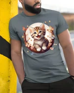 Cute Smiling Kitten and Butterflies Graphic T-Shirt - model leaning on yellow-black pole, wearing Gray T-shirt, hand in pocket