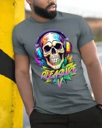 Neon Skull Headphones Pleasure Graphic Art T-Shirt - model leaning on yellow-black pole, wearing Gray T-shirt, hand in pocket