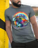 Cute Rainbow Dragon Fantasy Art Colorful Graphic T-Shirt - model leaning on yellow-black pole, wearing Gray T-shirt, hand in pocket