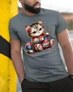 Cute Knitting Cat Rainbow Yarn Art Funny Graphic T-Shirt - model leaning on yellow-black pole, wearing Gray T-shirt, hand in pocket