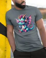 Cute Music Dragon with Headphones Fun Art T-Shirt - model leaning on yellow-black pole, wearing Gray T-shirt, hand in pocket