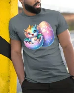 Cute Baby Dragon Hatching from Egg Fantasy Art T-Shirt - model leaning on yellow-black pole, wearing Gray T-shirt, hand in pocket