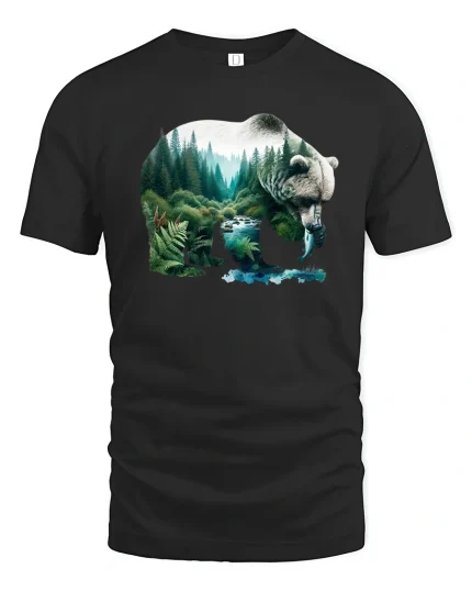 Wild Bear Forest Nature Landscape Art Graphic T-Shirt - black t-shirt on white background