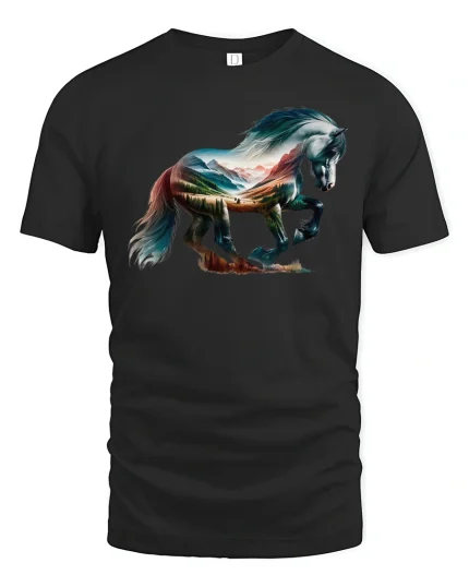 Wild Horse Mountain Landscape Nature Art T-Shirt - black t-shirt on white background