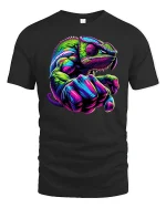 Neon Chameleon Power Colorful Animal Art T-Shirt - black t-shirt on white background