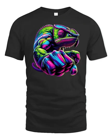 Neon Chameleon Power Colorful Animal Art T-Shirt - black t-shirt on white background
