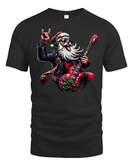 Rockin Santa Claus Guitar Christmas Party T-Shirt - black t-shirt on white background