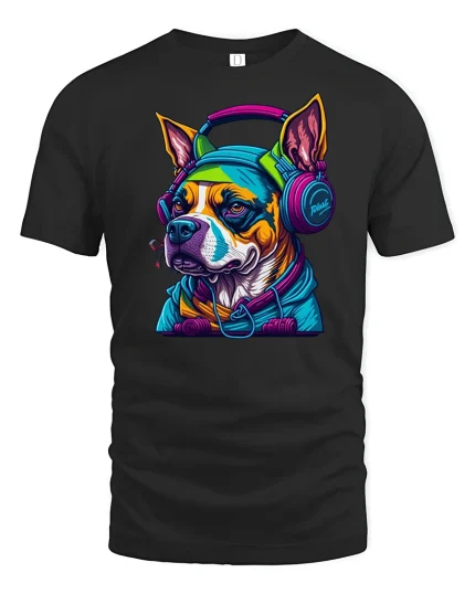 Cool DJ Dog Headphones Streetwear Graphic T-Shirt - black t-shirt on white background