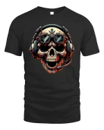 Gamer Skull Headset Pilot Cool Graphic T-Shirt - black t-shirt on white background