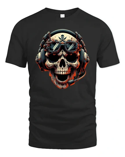 Gamer Skull Headset Pilot Cool Graphic T-Shirt - black t-shirt on white background
