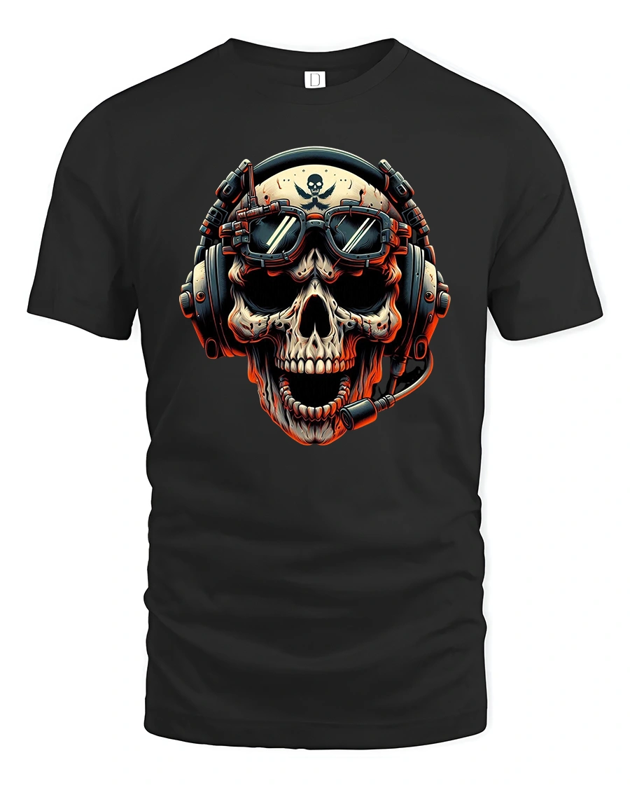 Gamer Skull Headset Pilot Cool Graphic T-Shirt - 1 Gamer Skull Headset Pilot Cool Graphic T-Shirt - black t-shirt on white background