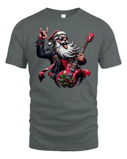 Rockin Santa Claus Guitar Christmas Party T-Shirt - gray t-shirt on white background