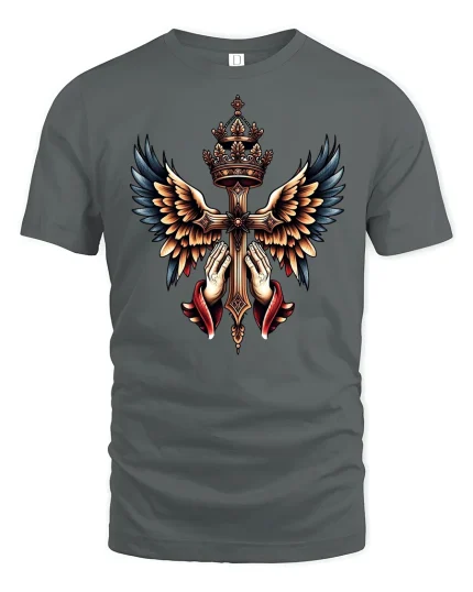 Angel Wings Cross Crown Faith Graphic T-Shirt - gray t-shirt on white background