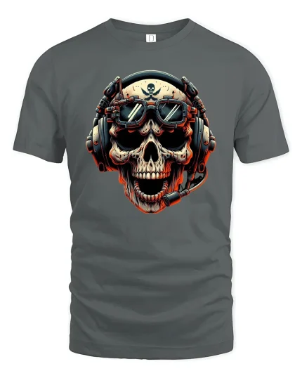 Gamer Skull Headset Pilot Cool Graphic T-Shirt - gray t-shirt on white background