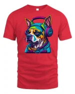 Cool DJ Dog Headphones Streetwear Graphic T-Shirt - red t-shirt on white background