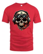 Gamer Skull Headset Pilot Cool Graphic T-Shirt - red t-shirt on white background