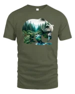 Wild Bear Forest Nature Landscape Art Graphic T-Shirt - military green t-shirt on white background