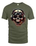 Gamer Skull Headset Pilot Cool Graphic T-Shirt - military green t-shirt on white background