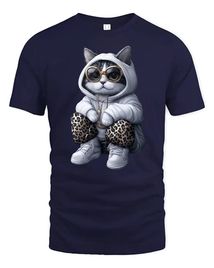 Cool Cat Hoodie Swag Funny Streetwear T-Shirt - navy t-shirt on white background