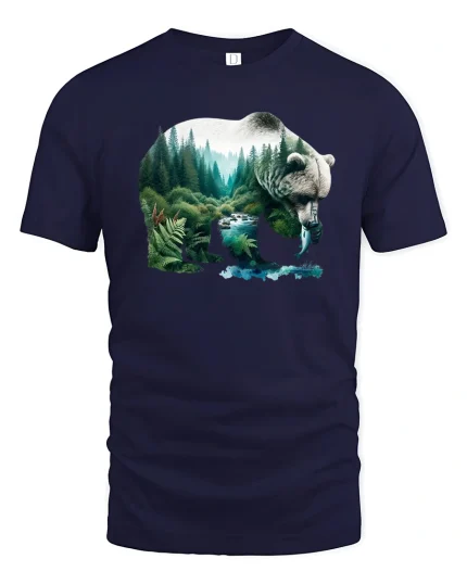 Wild Bear Forest Nature Landscape Art Graphic T-Shirt - navy t-shirt on white background
